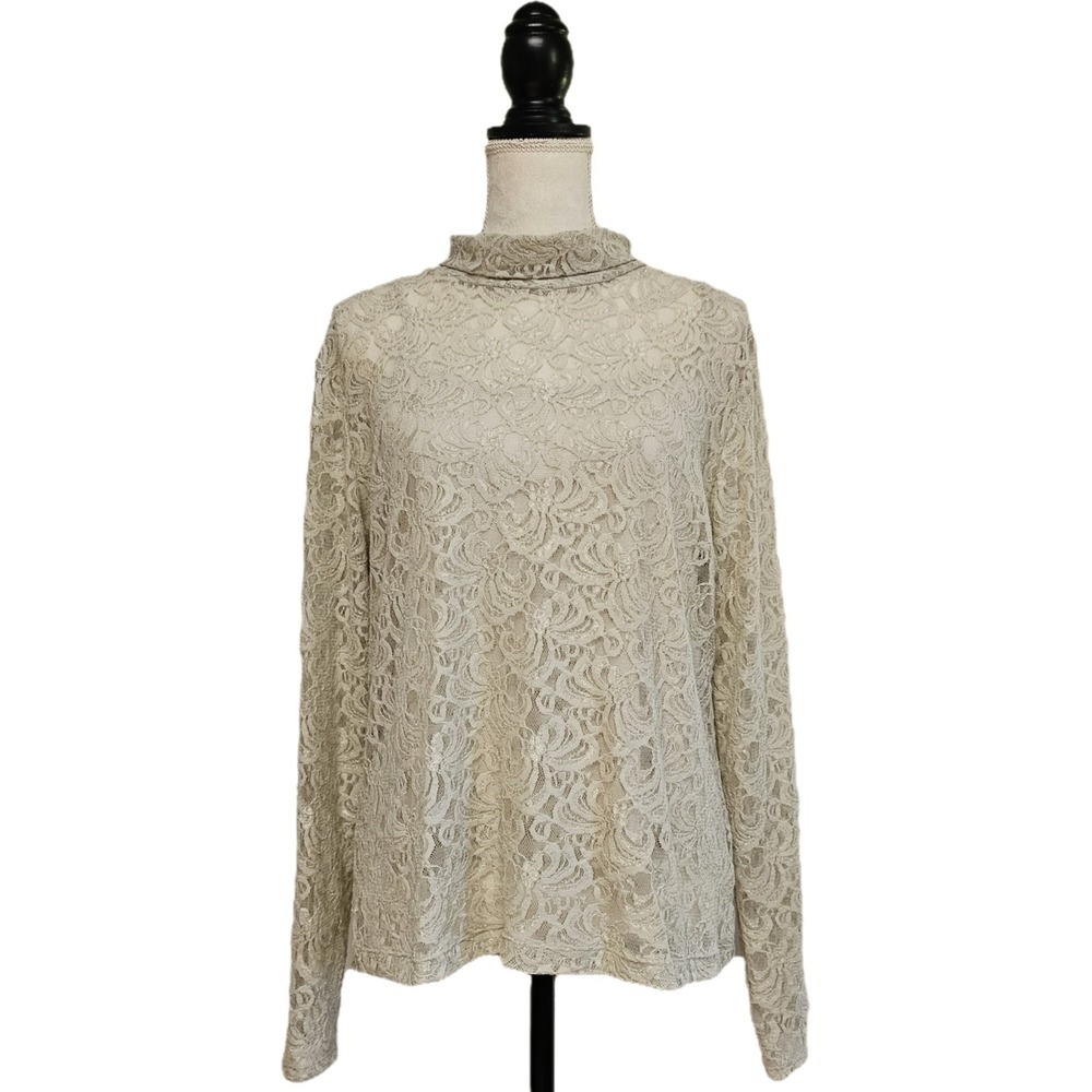 NWT Nicki Nicole Miller Shimmer Lace Champagne Turtleneck Top Size XL